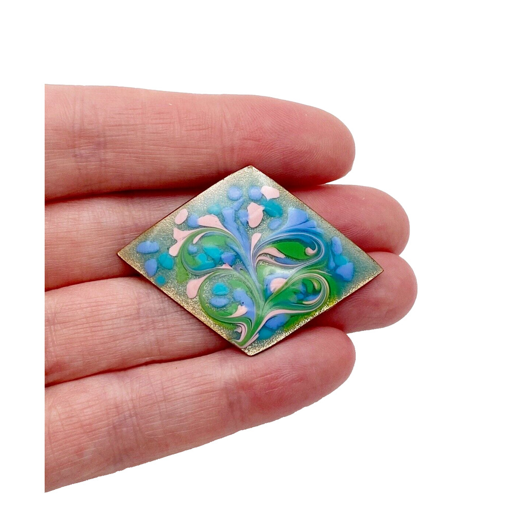 Vintage MCM Designer Inga Carlson Enamel Copper Brooch Pink Blue Green Swirl 2"